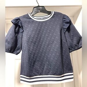 VOY Navy Textured Puff Sleeve Top